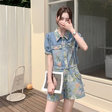蓝上衣+花裤