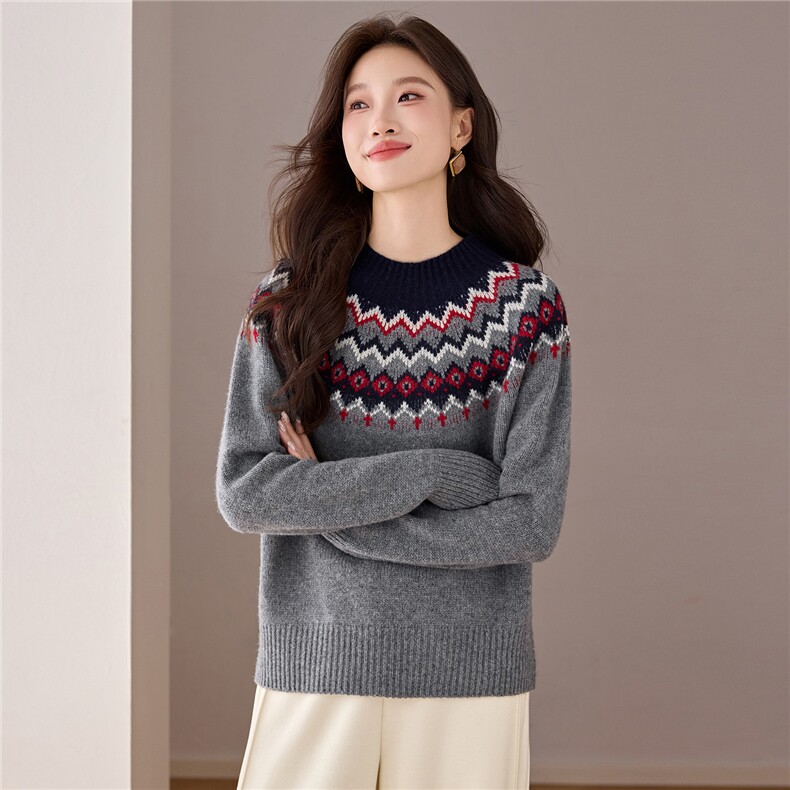 高级感灰色提花毛衣女短款秋冬2025新款羊毛内搭针织打底衫上衣，女装羊毛衫，艾米