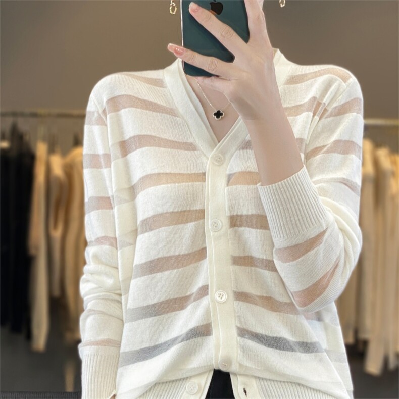 温柔风简约V领针织开衫毛衣女长袖毛衣外套休闲防晒空调罩衫上衣，女装针织衫/毛衣，雪真羊绒