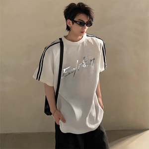 抖音得物高品质二开240克宽松纯棉美式潮牌三条杠织带短袖T恤图片