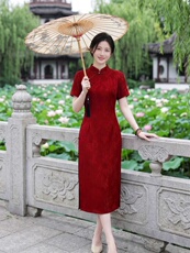 春夏季新款设计简约时尚气质修身显瘦喜庆中长款婚礼旗袍连衣裙，女装汉服/婚纱/旗袍/礼服，媚琳依坊