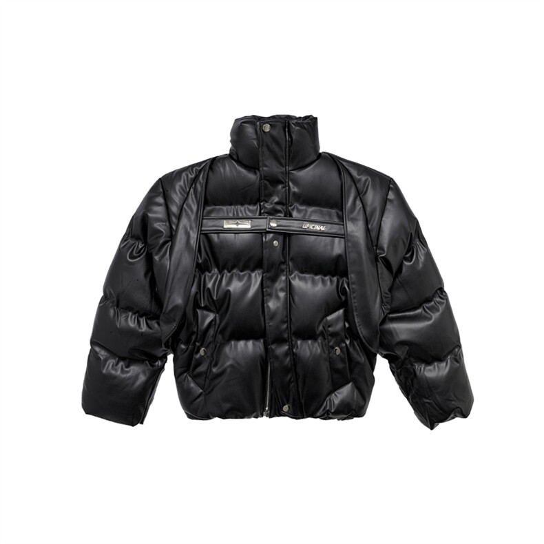 冬季小众解短款PU皮加厚保暖棉服外套金属绑带设计感面包服棉衣男,男装棉衣,星座505-2（原电商A260-1)
