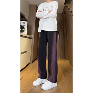 现货 黑紫色拼接宽松阔腿直筒撞色休闲牛仔裤男女 K5820-P50 控78图片