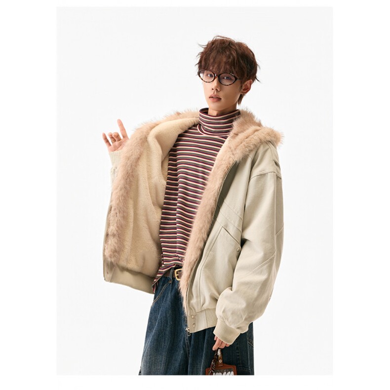 档口现货重磅帆布+通体仿兔毛座山雕毛领潮牌棉服DM8220-P138，男装棉衣，星座603