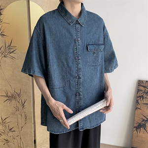 夏季薄款水洗复古牛仔短袖衬衫潮牌宽松休闲上衣图片