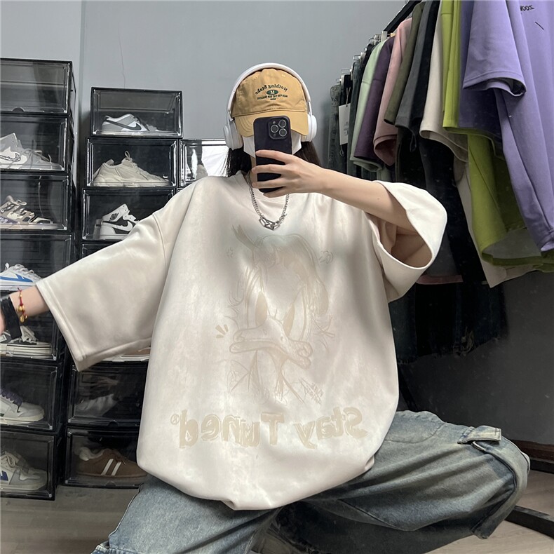 深灰色皮卡丘T恤男夏季麂皮绒重磅短袖美式高街oversize半袖体恤,男装T恤,电商C413