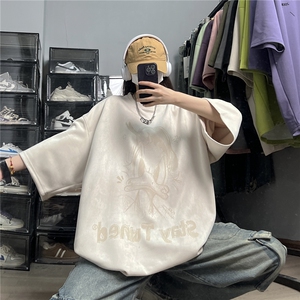 深灰色皮卡丘T恤男夏季麂皮绒重磅短袖美式高街oversize半袖体恤图片