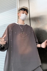 水洗做旧短袖t恤男夏季美式复古铆钉解构上衣XZ514-2-202438-P68，男装T恤，星座514-2(原B239)
