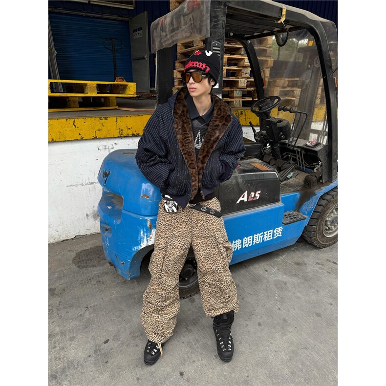 美式街潮条纹座山雕豹纹棉服外套秋冬慵懒宽松百搭时髦设计感夹克,男装夹克,星座506A