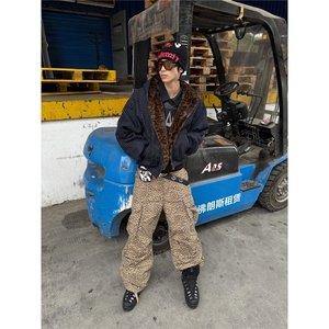 美式街潮条纹座山雕豹纹棉服外套秋冬慵懒宽松百搭时髦设计感夹克图片