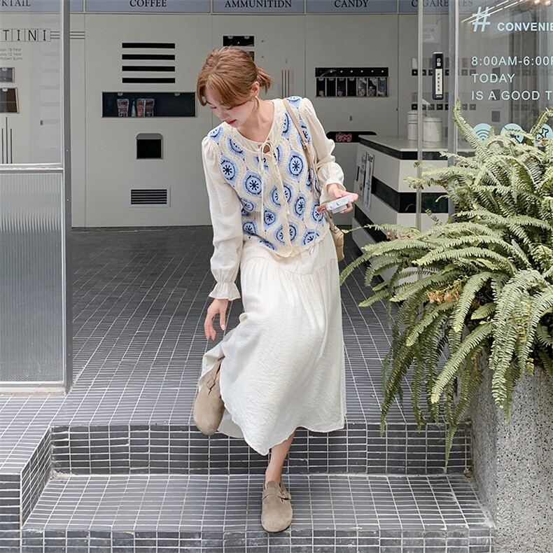 蓝色蕾丝针织马甲连衣裙两件套女春秋2025新款绝美流行超火两件套,女装套装/套裙,2C010