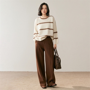 秋季新款撞色条纹圆领时尚百搭休闲风，女装针织衫/毛衣，鸥蕊娅羊绒
