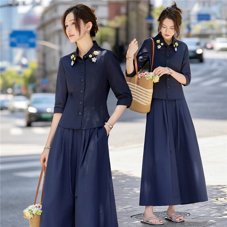巨好看大方得体裙裤套装女2026夏新款时尚减龄装饰花职场风两件套,女装套装/套裙,水衣源