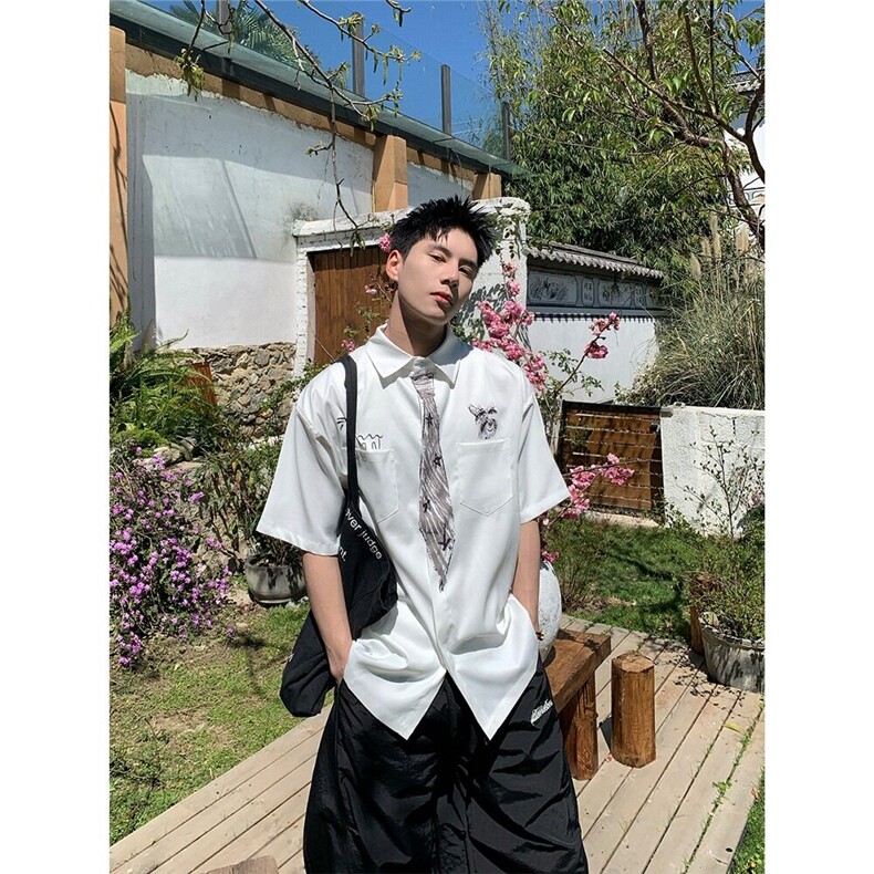 美式复古涂鸦假领带短袖衬衫男女学院风趣味慵懒半袖夏LB2633-p35,男装T恤,星座1008