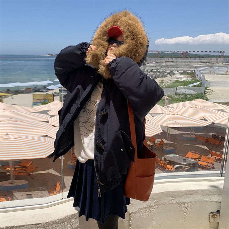 A552-P108 牛角扣大毛领连帽棉服外套中长款派克服可拆卸毛领图片