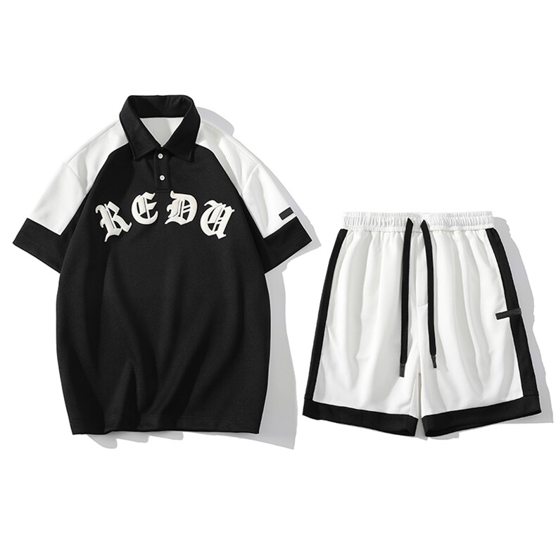 夏款学生撞色拼接半袖套装印花翻领短裤T恤男女 7805-P75控价108图片