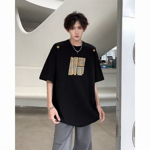 藏青色刺绣情侣款短袖T恤男女春夏季美式复古半袖上衣ST563-P35图片