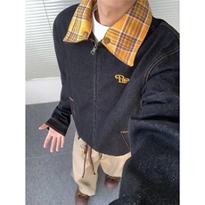 现货美式复古格子拼接牛仔外套男J54-85，男装工装外套，星座1109-4