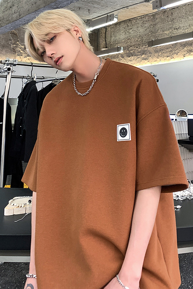 华夫格夏季新款短袖潮流百搭笑脸纯色青少年上衣JK23236-p28控35,男装T恤,星座605(原A050)