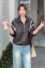 休闲撞色拼接咖色皮衣外套女春秋2025新款小个子PU夹克爆款高级感，女装皮衣，2C256