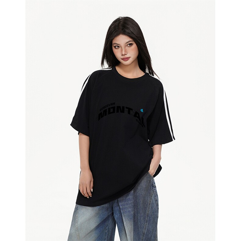 抖音得物高品质二开240克宽松纯棉美式潮牌三条杠织带短袖T恤，男装T恤，电商A486-1