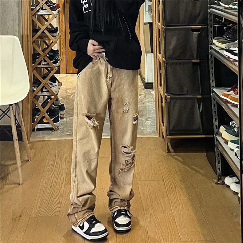 复古做旧水洗牛仔裤男美式街头宽松直筒坠感破洞阔腿裤N2813-P45,男装牛仔裤,星座1008