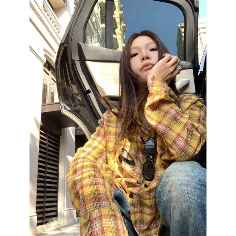 2025美式复古多巴胺黄色格子衬衫男女高街衬衣开衫长袖外套上衣,男装衬衫,星座506A