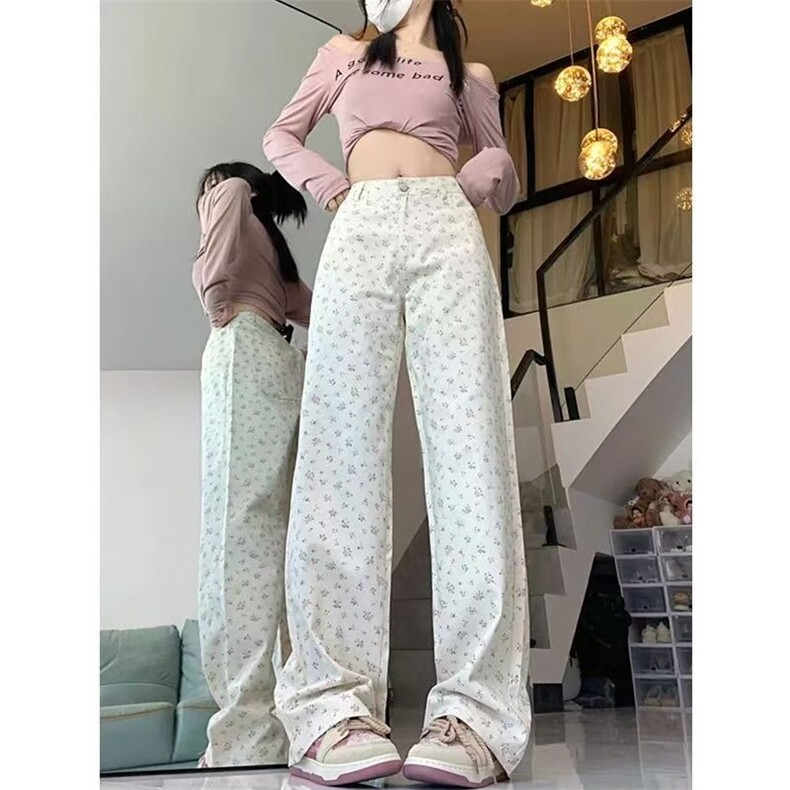 美式复古碎花直筒牛仔裤女夏季新款设计感高腰宽松休闲阔腿裤子潮,男装牛仔裤,星座1210-1
