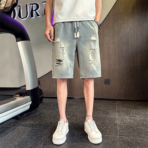 2025新款夏季水洗牛仔短裤 男士破洞印花休闲五分裤潮男901N28P38图片