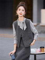 小香风通勤气质套装裙女2026春新款蝴蝶结打底衫马甲半身裙三件套，女装套装/套裙，美沁