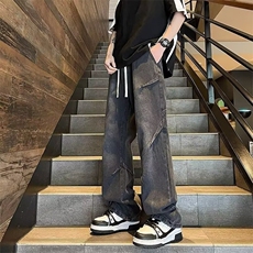 黑色牛仔裤男冬季美式高街复古阔腿裤秋冬款宽松直筒2026新款裤子，男装牛仔裤，星座1210-1