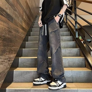 黑色牛仔裤男冬季美式高街复古阔腿裤秋冬款宽松直筒2026新款裤子图片