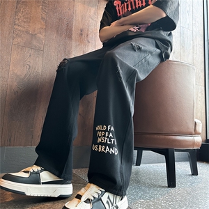 k705-p48-控68 M-5XL 现货oversize cleanfit风黄泥牛仔裤破洞图片