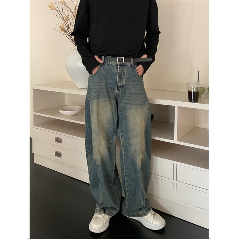 复古做旧水洗解构廓形宽松牛仔裤男宽阔腿弯刀拖地长裤潮NZQ132，男装牛仔裤，星座516A