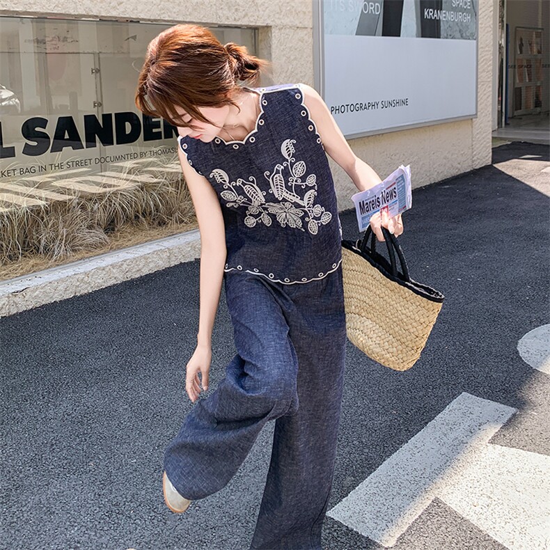 【新款现货】重工绣花牛仔阔腿裤套装F629-P155-K228图片