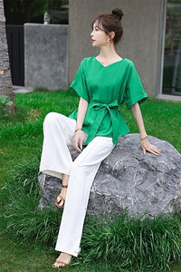 日系V领宽松小衫系腰带绿色大码短袖上衣胖妹妹女夏季百搭图片