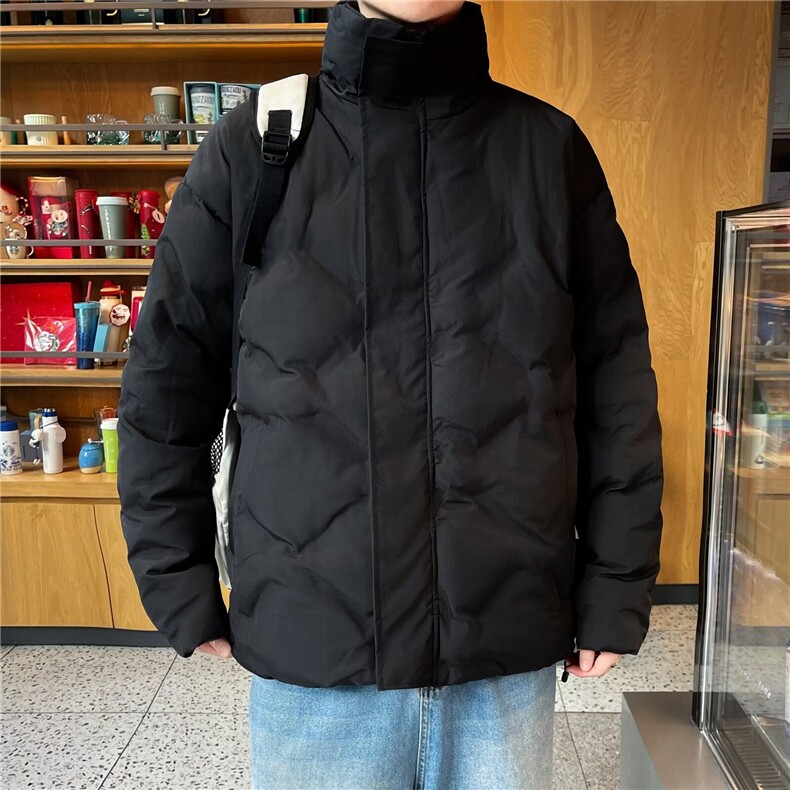 黑色菱形格美式羽绒棉服男冬季痞帅炸街纯色外套立领短款面包服,男装棉衣,星座506