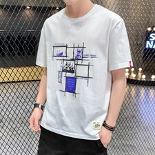 夏季港风大码宽松方格短袖T恤男圆领纯棉中袖卫衣模灰T9555，男装T恤，星座1207