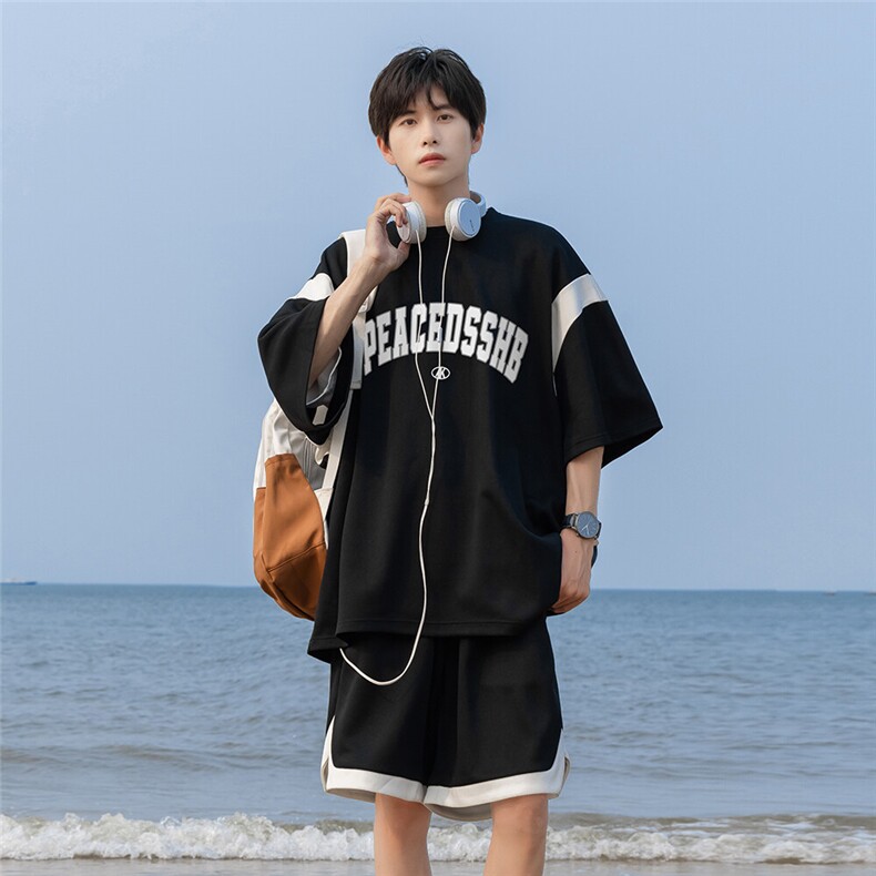 24夏季宽松280g珠地拼色套装情侣短袖短裤TZ1165P65控88,男装休闲套装,电商A247