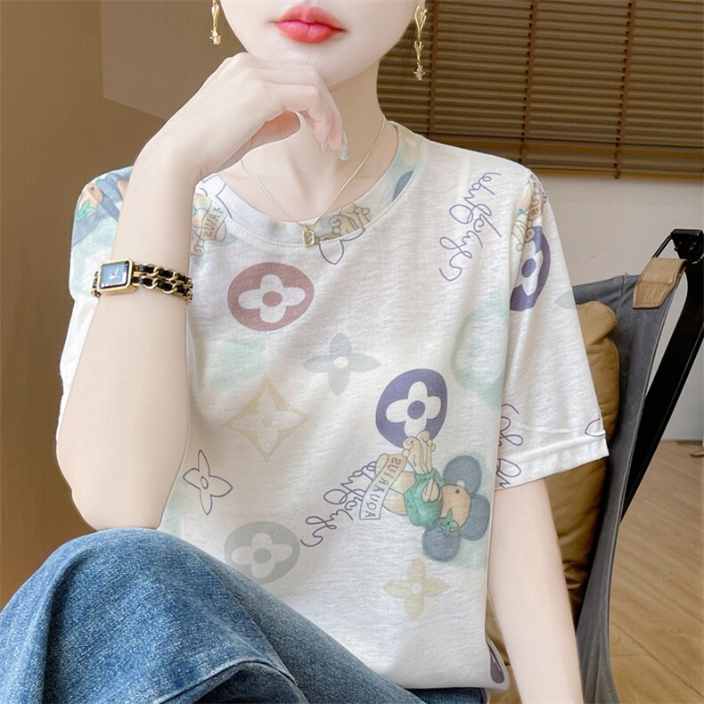 短袖t恤女夏季简约圆领宽松简约百搭花色打底女上衣,针织衫/毛衣,绒宛羊绒