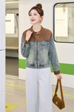 CHUU撞色牛仔短外套女2025秋季新品辣妹水洗做旧扎染拼接长袖上衣，女装套装/套裙，美拉德工厂直营店