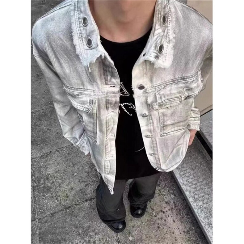 脏染做旧牛仔夹克男春秋季潮牌嘻哈宽松休闲情侣翻领外套J30,男装工装外套,星座1116A（原606A-3）