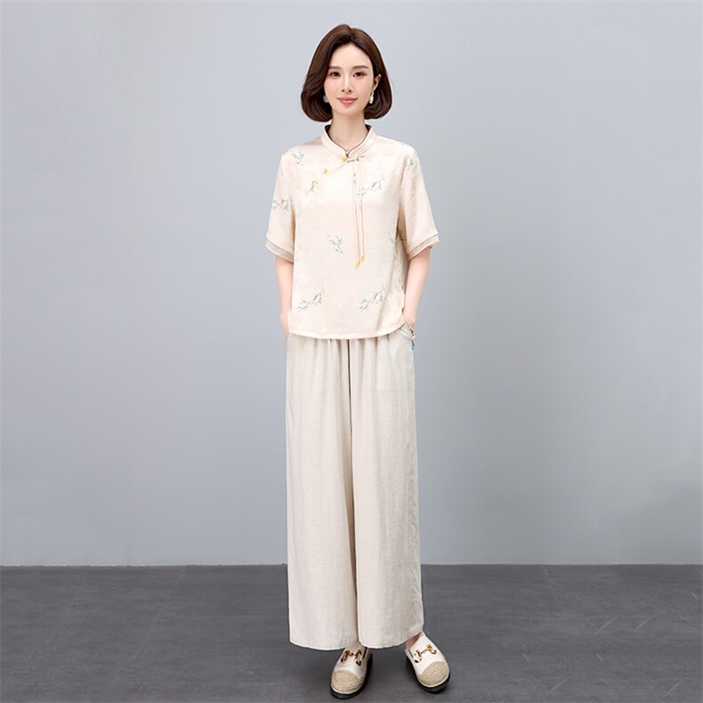 棉麻套装女夏季中国民族风女装刺绣文艺复古上衣亚麻阔腿裤两件套,女装套装/套裙,凝聚力