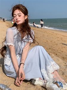 法式气质蕾丝拼接套装女2026夏季新款高级感时髦洋气阔腿裤两件套图片