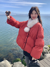 新款加色！真狐狸毛红色羽绒服外套2C133-6003-1-P280-K408，女装羽绒服，2C133