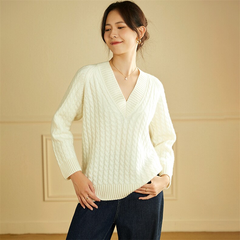 V领麻花款插肩羊绒衫女秋冬宽松显瘦长袖白色针织,女装羊绒衫,绒美人羊绒