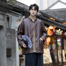 新品花色PU皮复古盘扣小众设计感手工擦皮工艺立领唐装外套JK205，男装民族服装，星座305A（原312A-1）