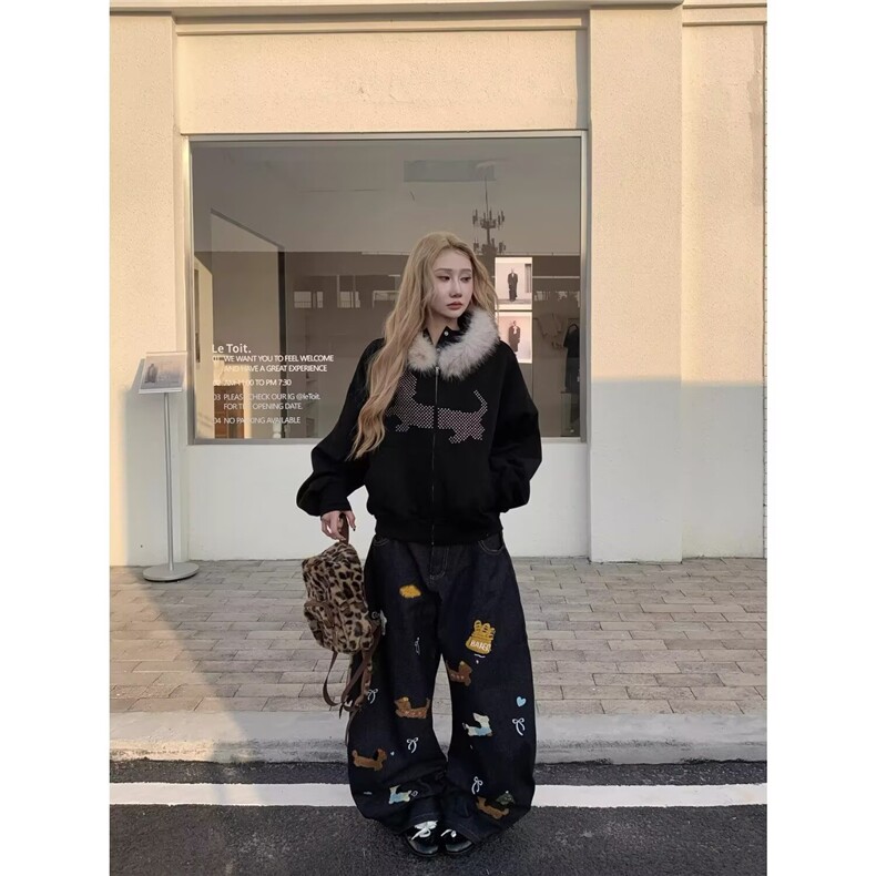 百搭新款慵懒无品牌潮流简约时尚复古卡通刺绣牛仔裤男女款高街,男装牛仔裤,星座506A