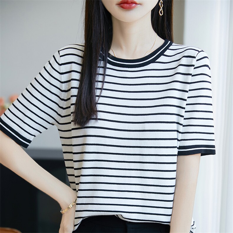 休闲条纹短袖t恤女夏季2025新款打底衫洋气大码女装冰丝针织上衣,女装T恤,皓宇羊绒