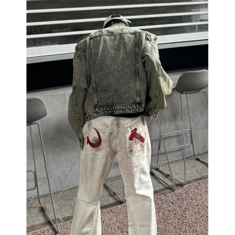 做旧水洗垫肩短款拼接牛仔外套潮牌金属设计感无领夹克男JN1224,男装工装外套,星座1116A（原606A-3）